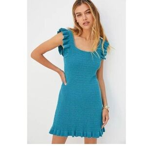 Anthropologie teal blue crochet ruffled pointelle mini dress